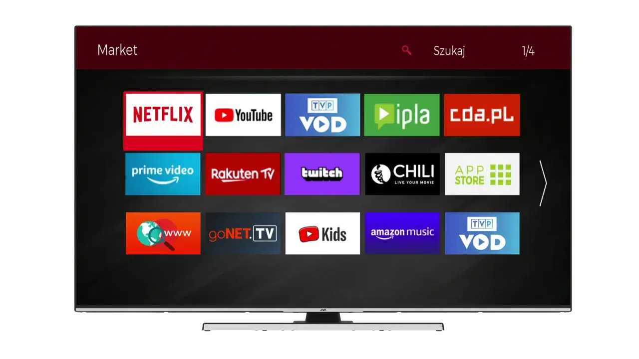 Ekran telewizora z aplikacjami: Netflix, YouTube, TVP VOD, ipla, cda.pl, Prime Video, Rakuten TV, Twitch, Chili, App Store, www, GoNet.TV, Kids, Amazon Music. Oglądaj TVP VOD bez reklam.