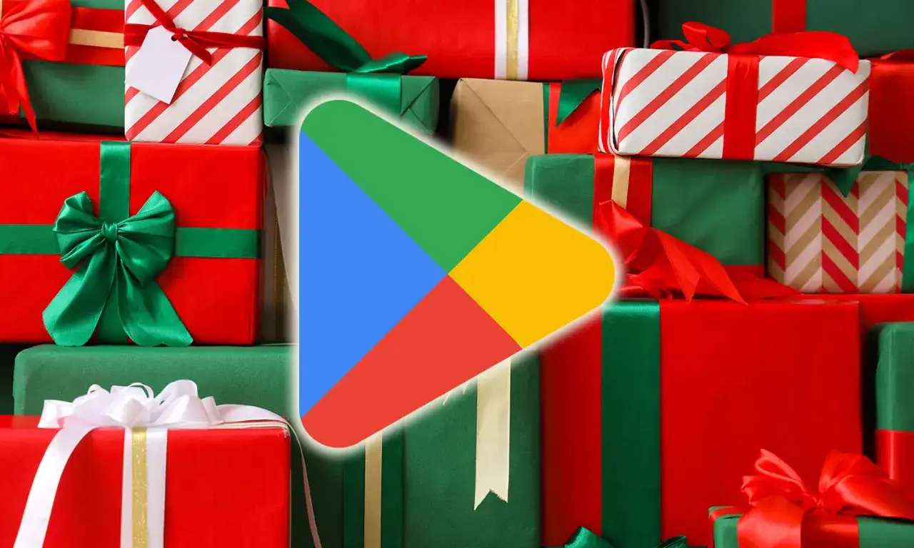 Prezent z logo Google Play na tle świątecznych paczek. Dowiedz się, jak pobierać płatne aplikacje za darmo Android.