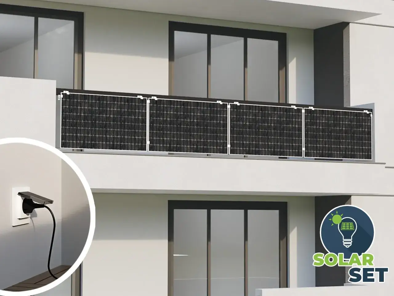 Nowoczesne ogrodzenie z paneli fotowoltaicznych na balkonie. Wtyczka podłączona do gniazdka, symbolizująca energię.