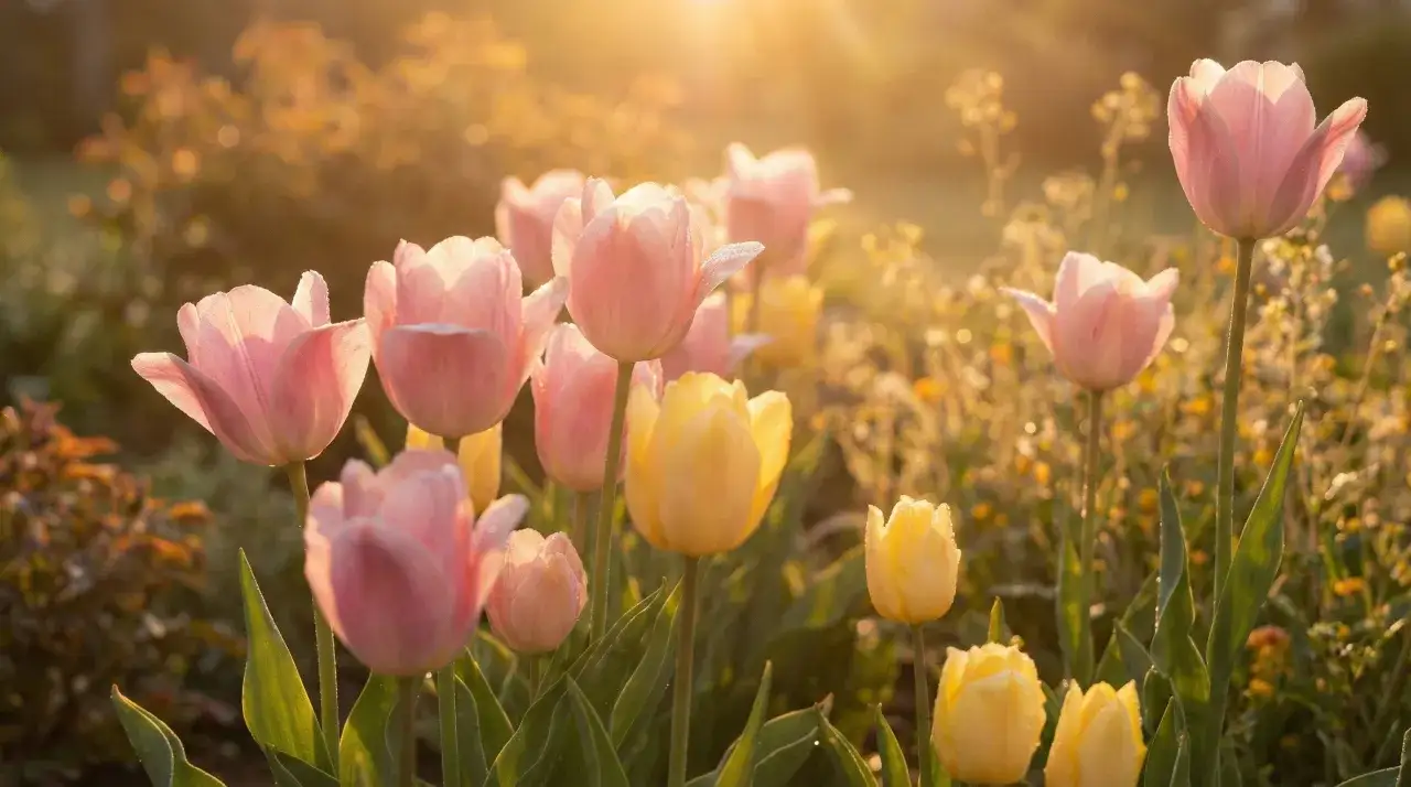 R&oacute;żowe i ż&oacute;łte tulipany w złotym świetle poranka. Czy wiesz, że tulipany kiedyś były tak cenne, że można było za nie kupić dom? Ciekawe ciekawostki o tulipanach.