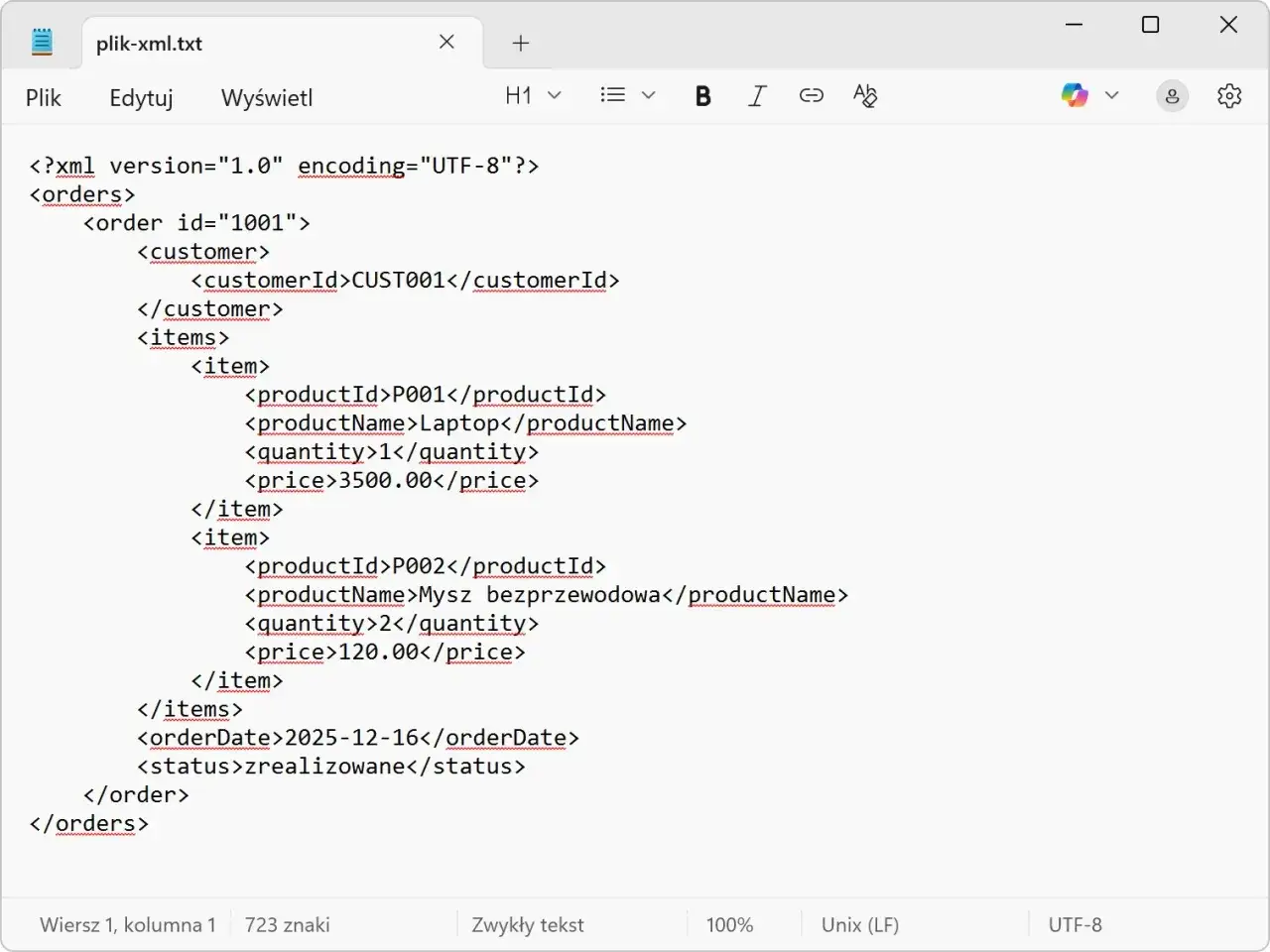 Plik XML z zamówieniem: laptop i mysz. Do otwarcia pliku XML wystarczy prosty edytor tekstu.