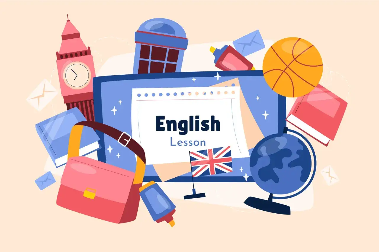 Grafika do bloga matura angielski: Big Ben, globus, książki i torba sugerują naukę języka angielskiego.