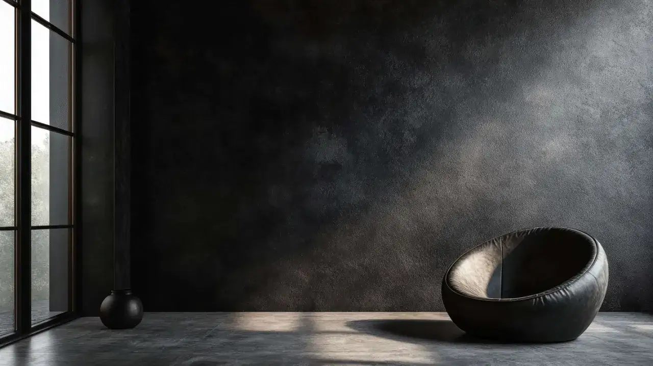 Ciemna ściana z efektem tynku ozdobnego, idealna inspiracja jak zrobić tynk ozdobny na ścianie. W rogu czarne krzesło i wazon.