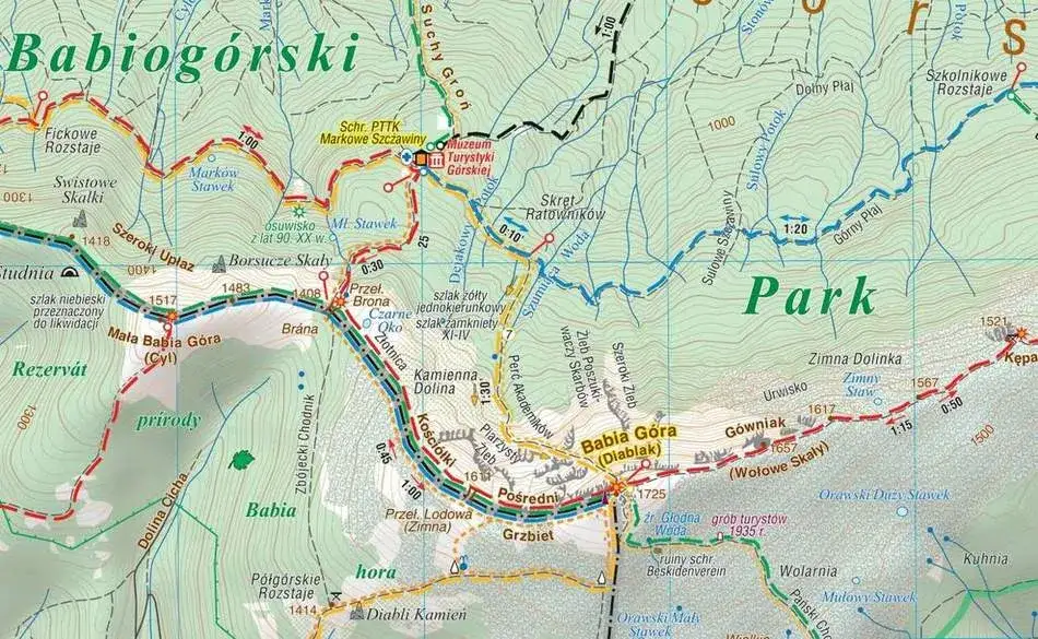 Mapa szlak&oacute;w Babia G&oacute;ra z zaznaczonymi trasami i punktami startowymi