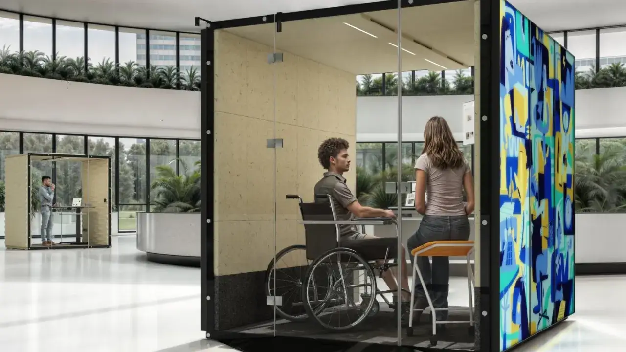 Nowoczesne, przeszklone budki biurowe. W jednej z nich mężczyzna na wózku inwalidzkim i kobieta pracują przy biurku. To przyjazne wejście do obiektu.