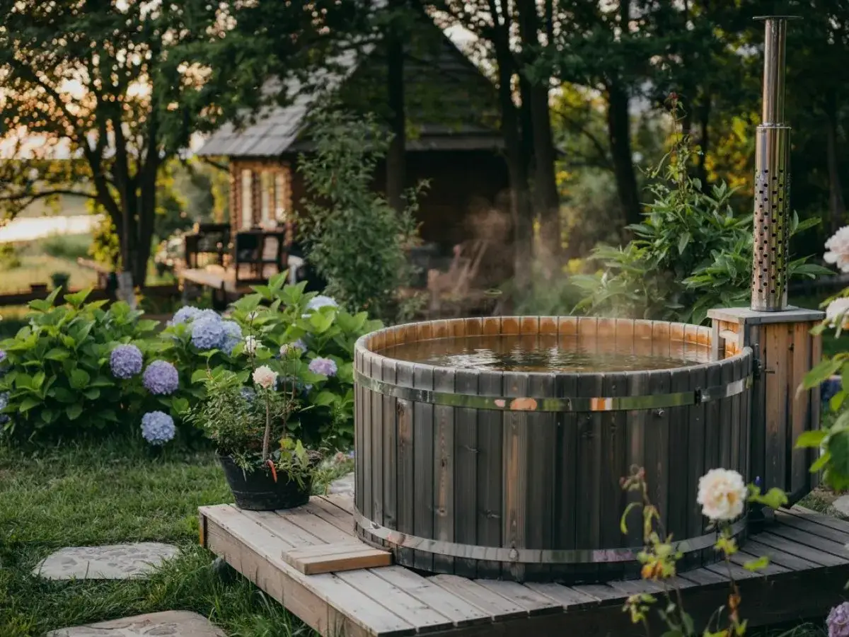 Drewniana balia ogrodowa z parującą wodą, otoczona zielenią i kwiatami. Idealne miejsce na relaks po całym dniu.