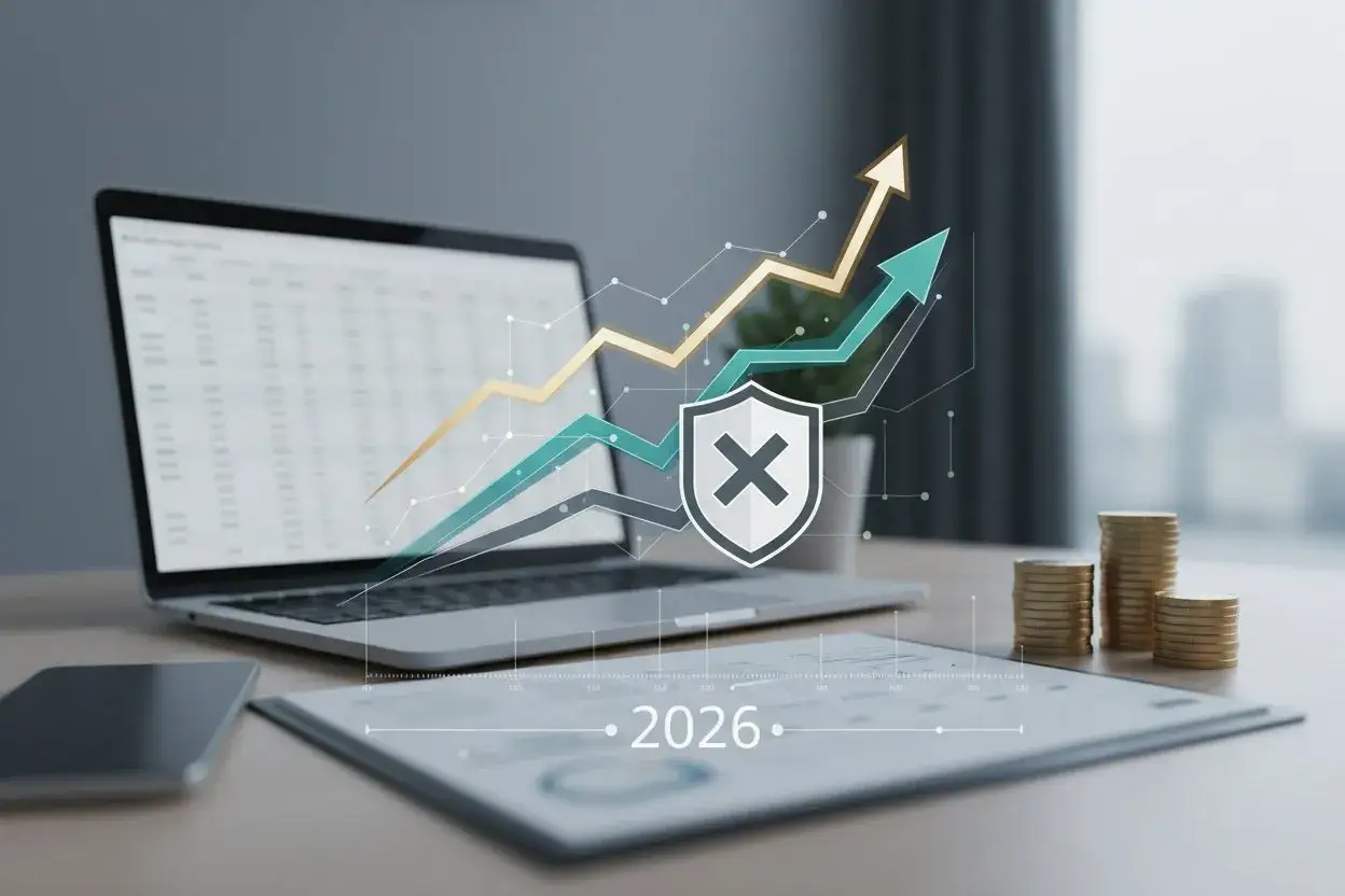 Kredyt na dowód bez umowy o pracę? Wykresy, laptop i monety sugerują wzrost finansowy. Tarcza z krzyżykiem symbolizuje bezpieczeństwo.