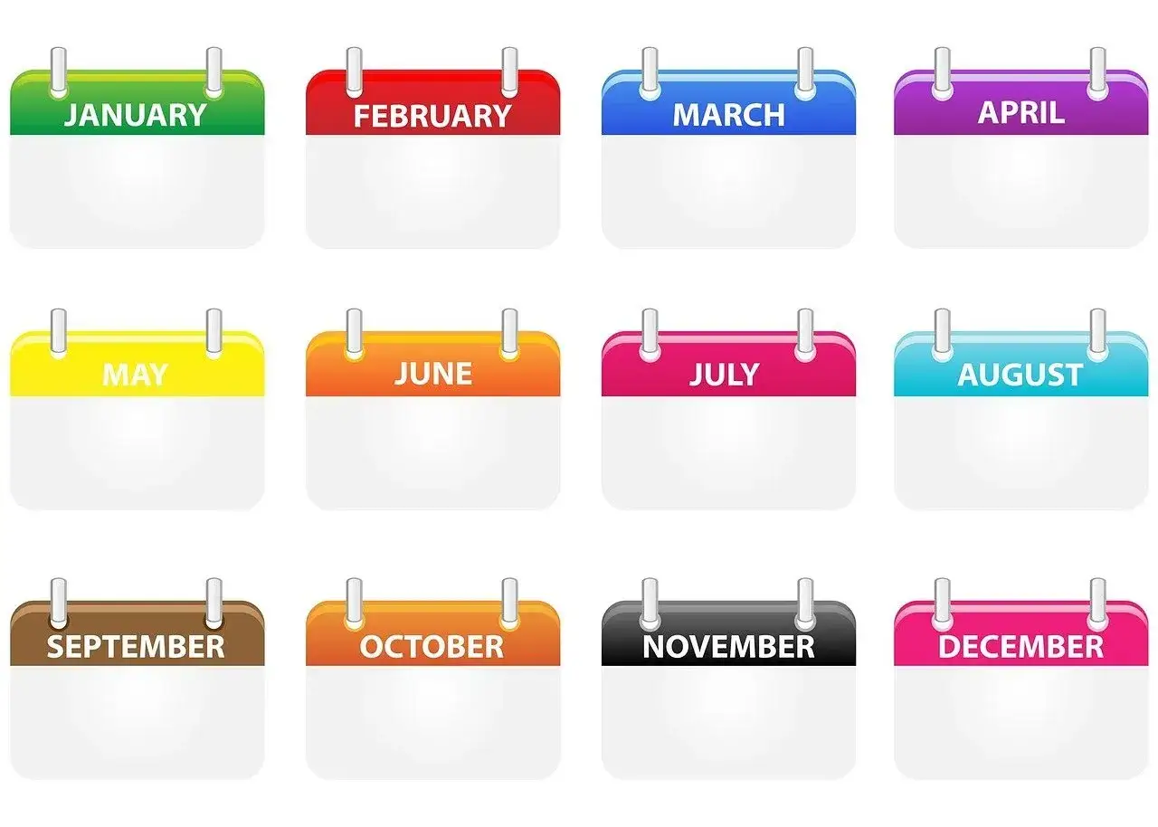 Kalendarze z nazwami miesięcy po angielsku: January, February, March, April, May, June, July, August, September, October, November, December. Każdy miesiąc ma swoje daty do 31.