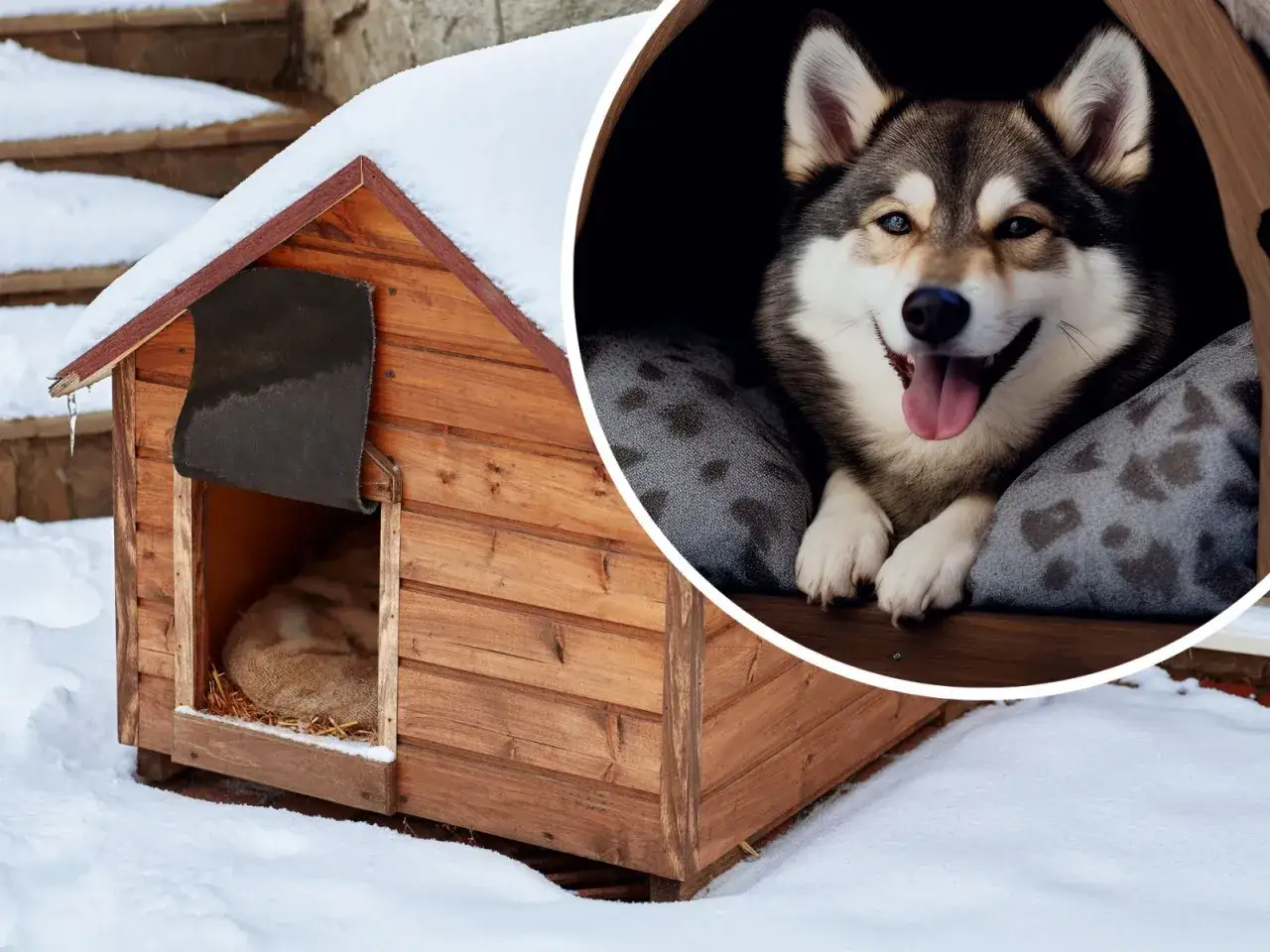 W budzie dla psa widać słomę, a w środku uśmiechnięty pies. Co jest lepsze dla psa do budy słoma czy siano?