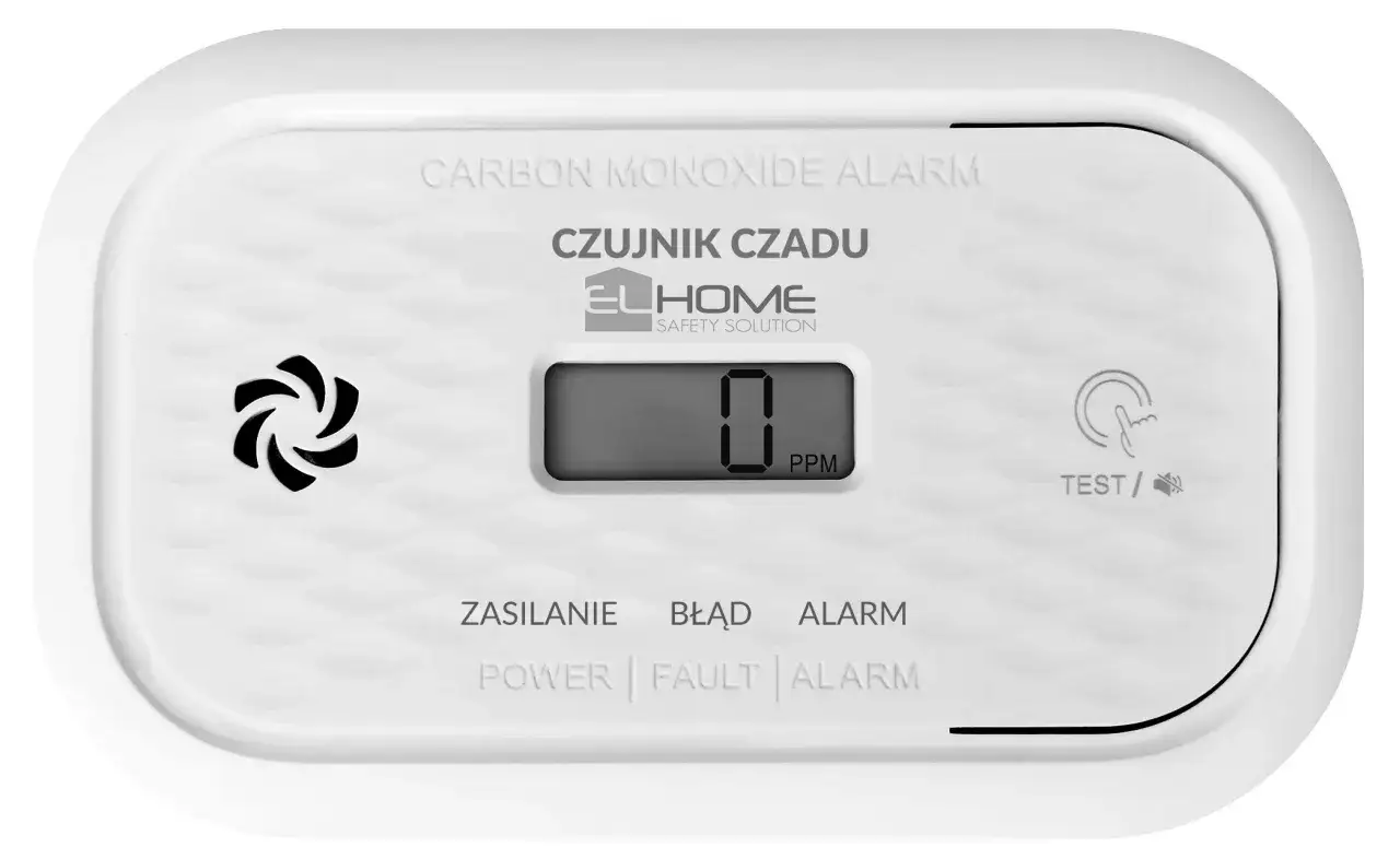 Czujnik czadu ELHOME z wyświetlaczem pokazującym 0 PPM. PPM to jednostka stężenia, która informuje o ilości czadu w powietrzu.