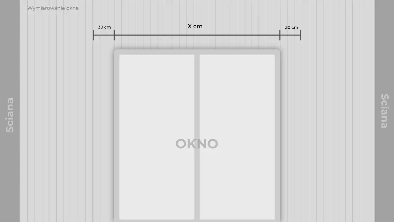 Schematyczne okno z zaznaczonymi wymiarami, pokazujące jak dobrać rozmiar karnisza. Odległość 30 cm od krawędzi okna do początku karnisza.