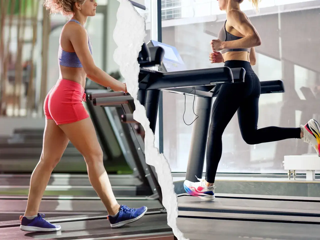 Dwie kobiety ćwiczą na bieżniach w siłowni. Jedna w różowych szortach, druga w czarnych legginsach. Trening na bieżni to świetny sposób na poprawę kondycji.