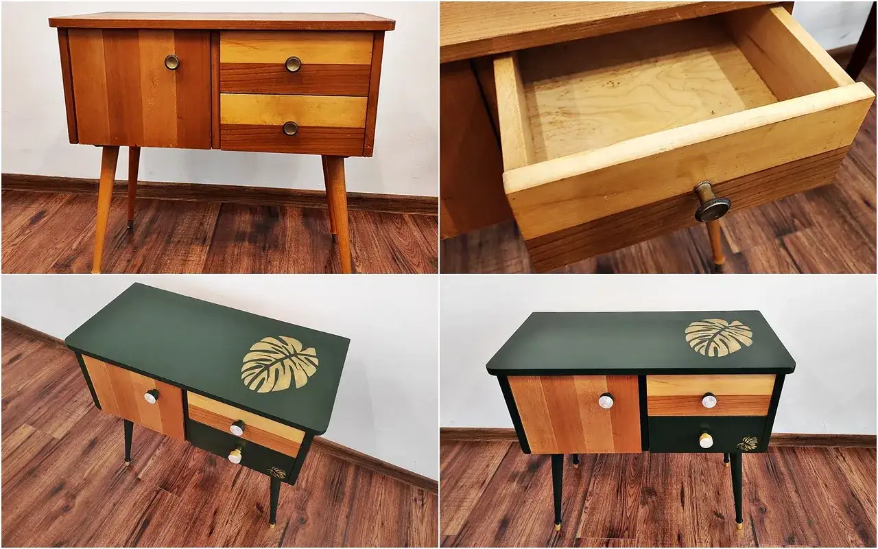Stary mebel zyskał nowe życie! Zobaczcie metamorfozę: malowanie mebli przed i po, z motywem liścia monstery.