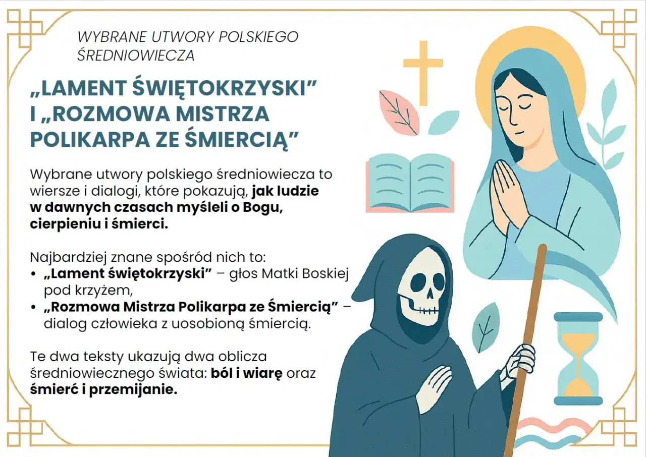 Ilustracja przedstawia motyw matki w literaturze, ukazując Matkę Boską modlącą się obok Śmierci.