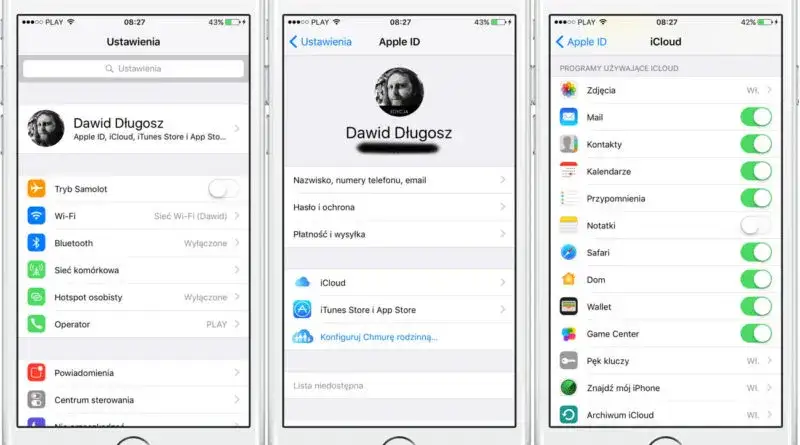Ekran ustawień iPhone iCloud