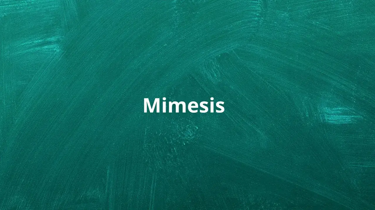 Ziel mimesis: naśladowanie rzeczywistości w sztuce. Biały napis na zielonej tablicy.