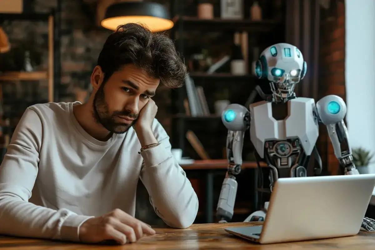 Znużony mężczyzna siedzi przy laptopie, obok niego robot. Szuka informacji, jak wyłączyć tryb AI w wyszukiwarce Google.