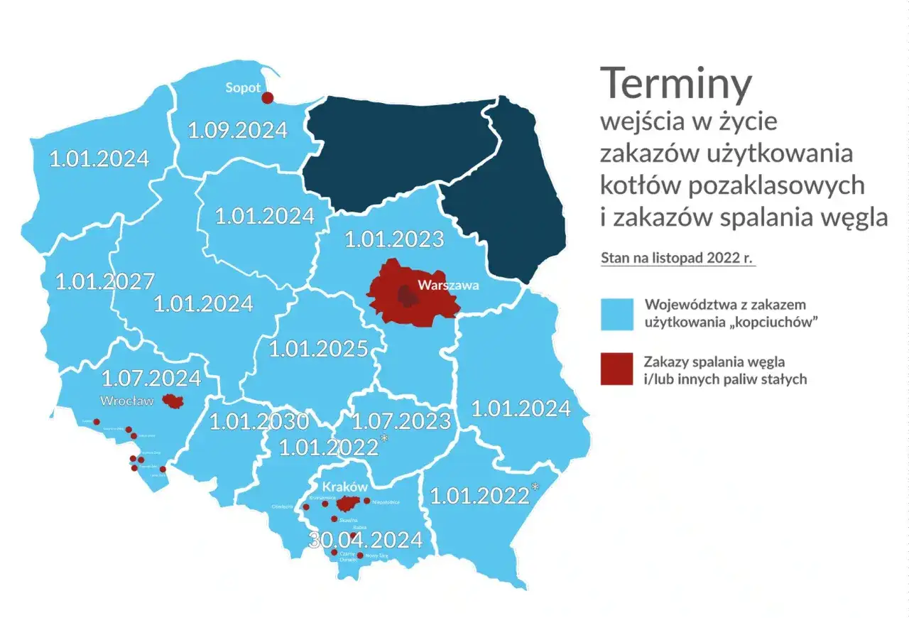 Mapa Polski z datami zakazu palenia węglem kamiennym w kominku. Czerwone obszary oznaczają zakazy spalania węgla.