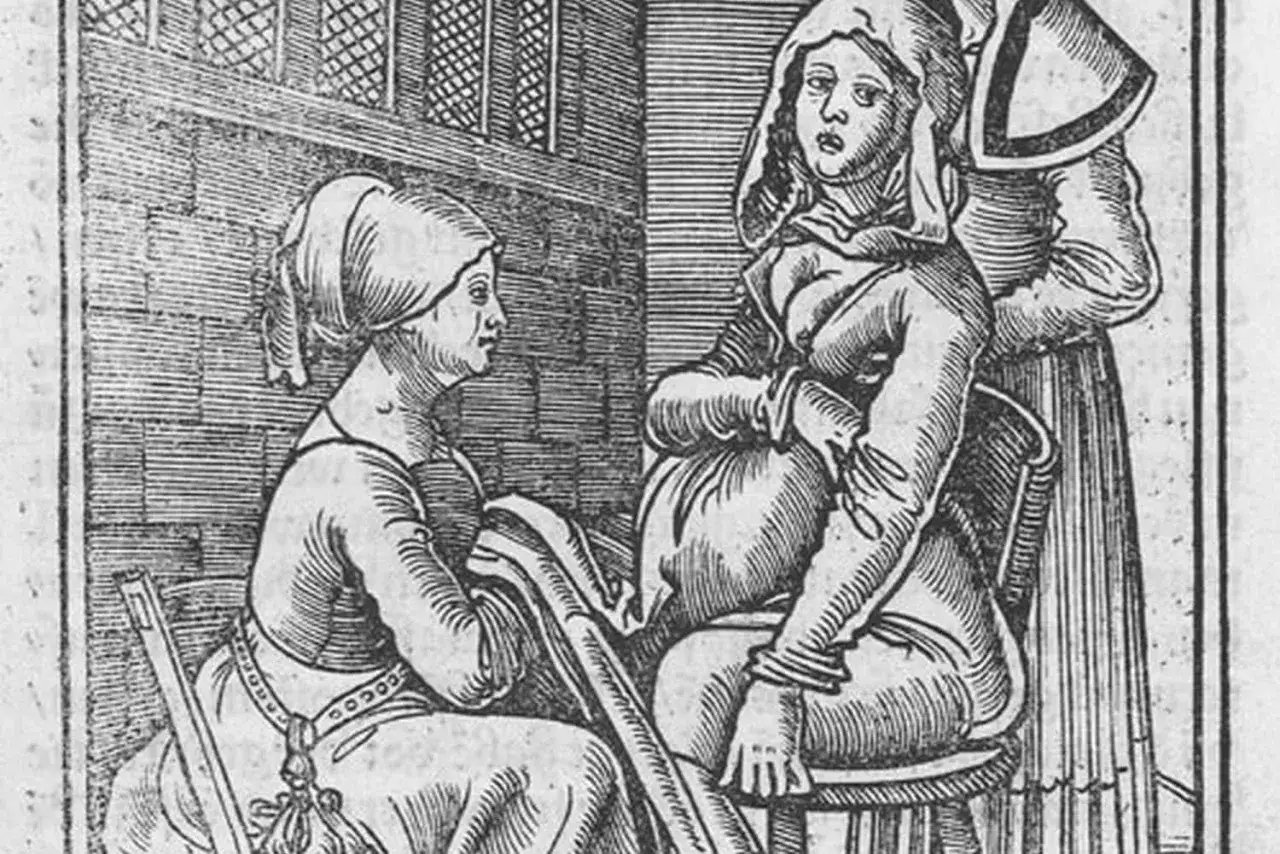 Średniowieczna akuszerka stołek porodowy