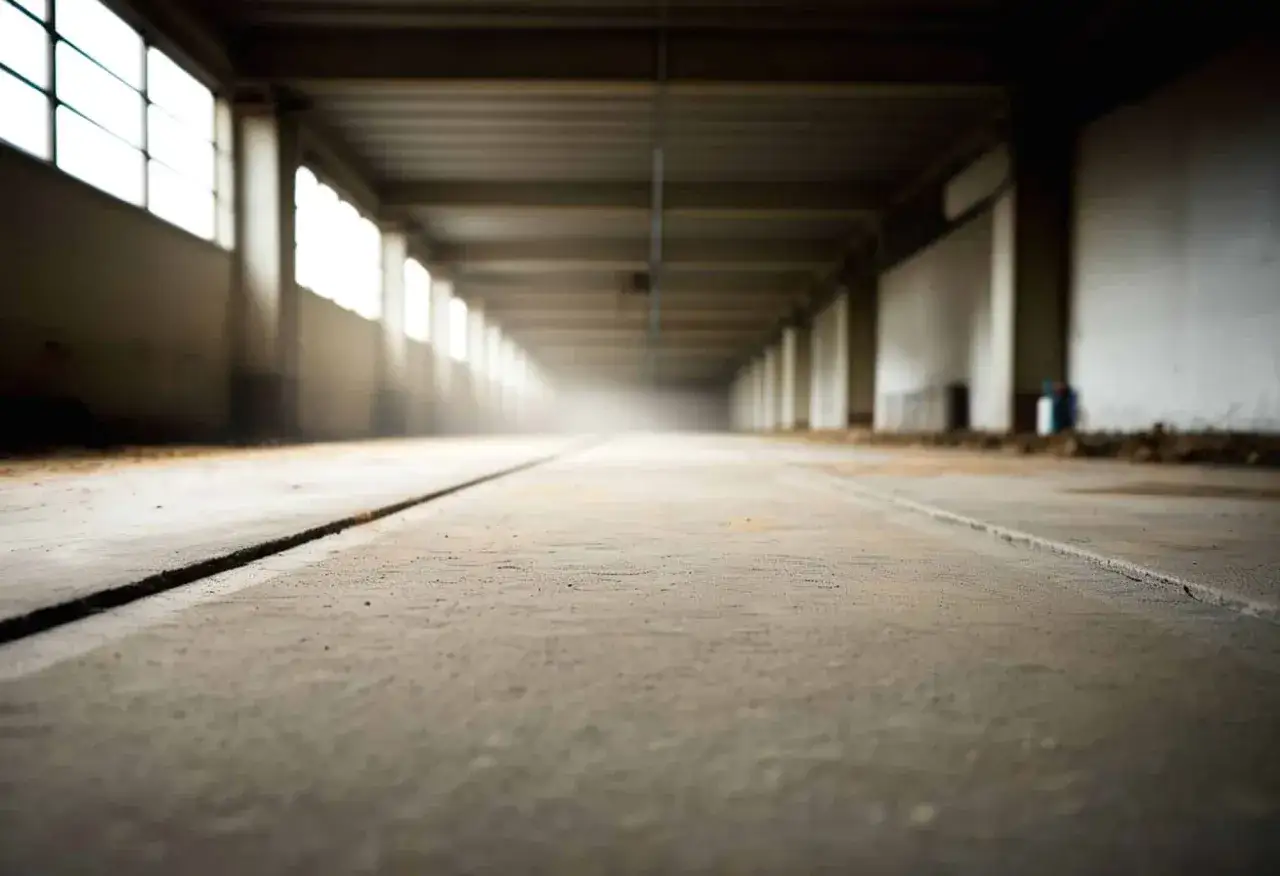 Długi korytarz z betonową posadzką, gdzie woda szklana do betonu mogłaby być użyta do wzmocnienia.