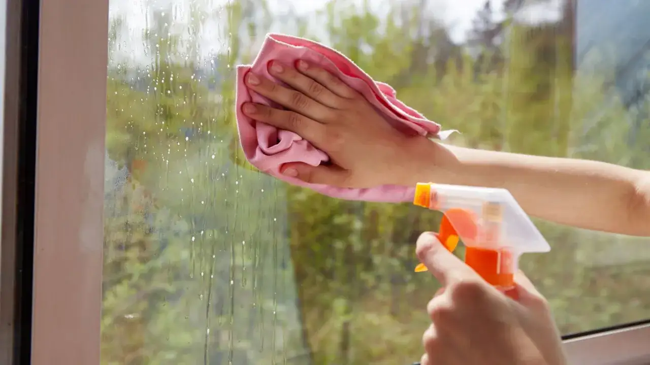 Ręce czyszczą okno różową ściereczką i spryskiwaczem. Słońce odbija się w kroplach, więc można myć okna w słońcu.