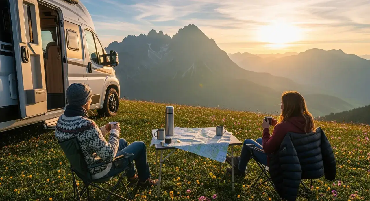 Para odpoczywa przy stoliku obok kampervana, podziwiając zachód słońca w górach.