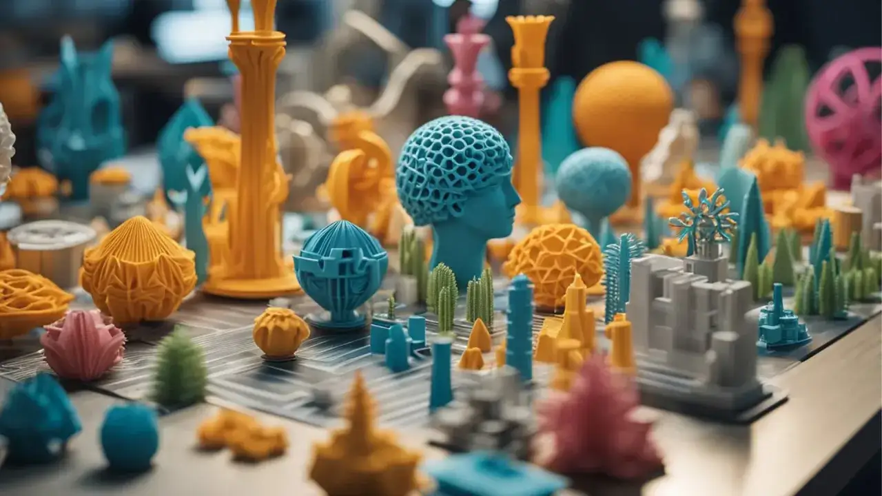 Kolekcja kolorowych, gotowych projekt&oacute;w z drukarki 3D: głowa, kule, budynki i inne fantazyjne kształty.