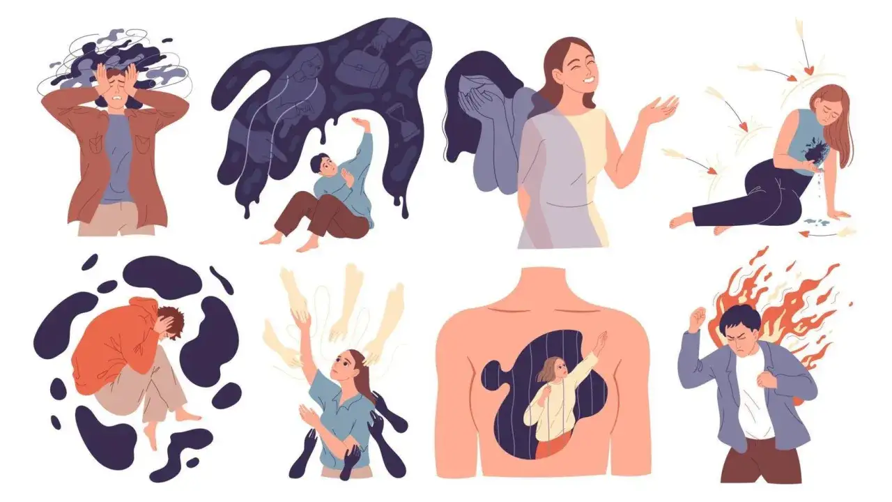 Ilustracje pokazują, jak emocje wpływają na życie człowieka: od przytłoczenia i lęku po radość i gniew.