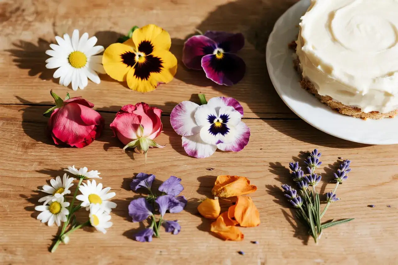 Kolorowe kwiaty i zioła, takie jak r&oacute;że, bratki, stokrotki, lawenda i płatki nagietka, przygotowane do dekoracji tortu.