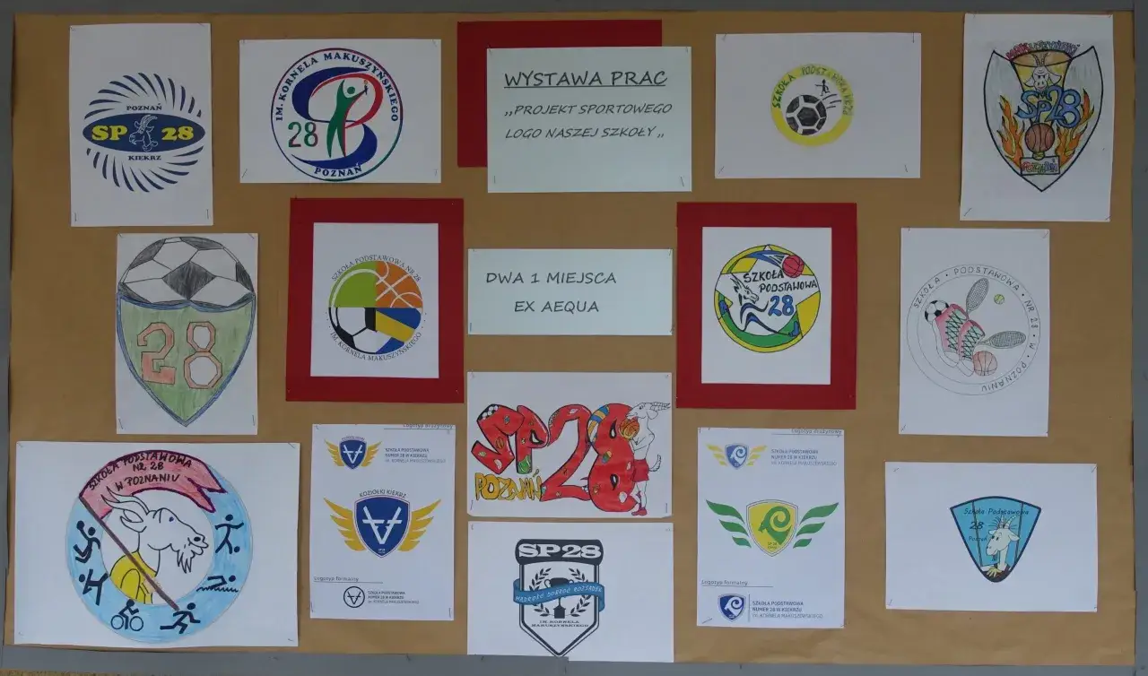 Przykłady logo szkoły SP 28 z Poznania, w tym koziołki, piłka nożna i inne motywy sportowe.