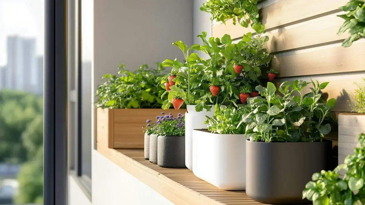 Urocze warzywa na balkonie: truskawki, zioła i kwiaty w doniczkach tworzą zieloną oazę.