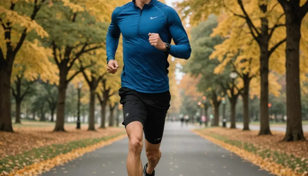 Biegacz w jesiennym parku, ćwiczący jak zwiekszyc kadencje w bieganiu. Liście tworzą złoty dywan.