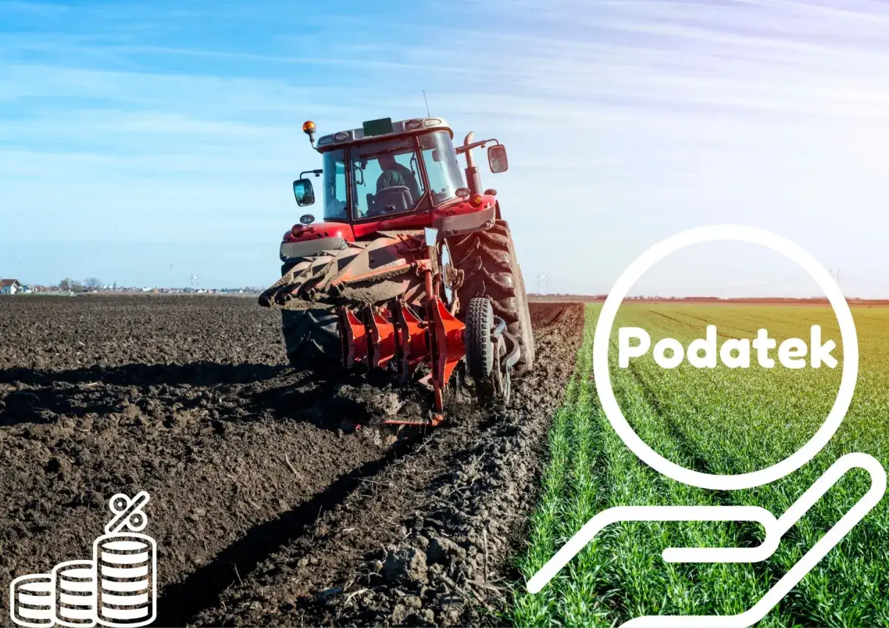 Czerwony traktor orze pole. Ikony monet i procentów sugerują, kto płaci podatek od dzierżawy gruntu.