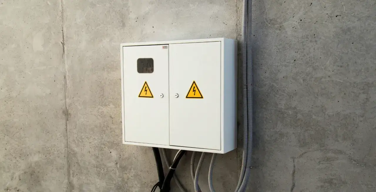 Biała skrzynka elektryczna z żółtymi symbolami ostrzegawczymi, zamontowana na betonowej ścianie. To kluczowy element do podłączenia prądu do działki bez domu.