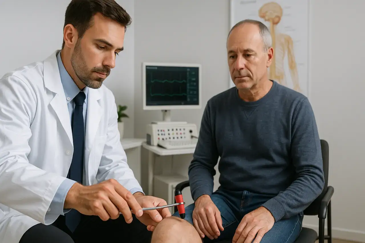 lekarz rozmawiający z pacjentem, diagnostyka zawrot&oacute;w głowy