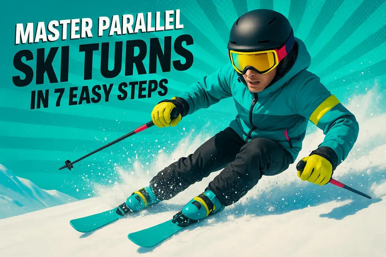 Narciarz w akcji, uczący się, jak skręcać na nartach. Tekst informuje o 7 prostych krokach do opanowania skrętów równoległych.