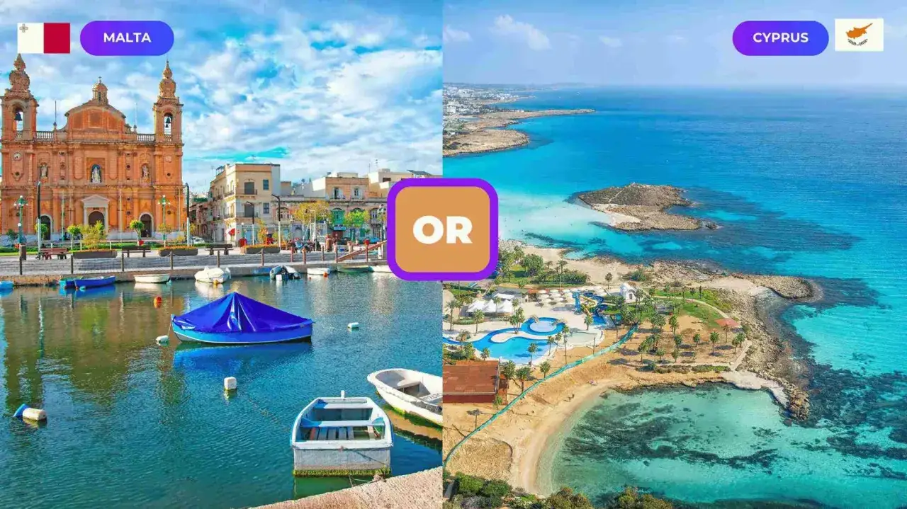 Malta z kościołem i łodziami w porcie lub Cypr z turkusowym morzem i plażą. Wybierz swoje wymarzone wakacje: Cypr czy Malta?