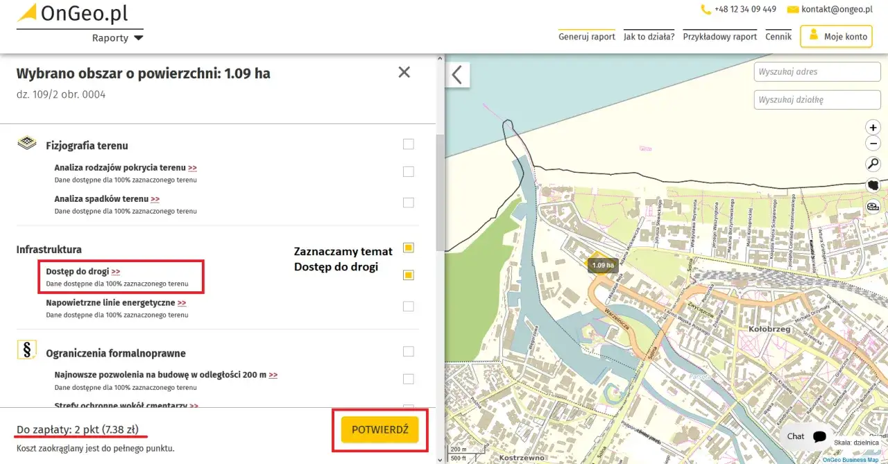 Raport o infrastrukturze zawiera analizę dostęp do drogi publicznej dla wybranego obszaru 1.09 ha.