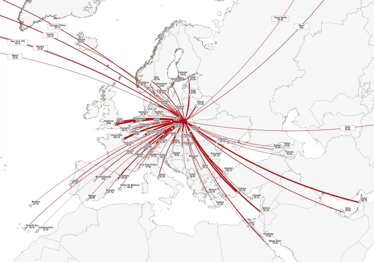 mapa popularnych kierunk&oacute;w lot&oacute;w z Polski