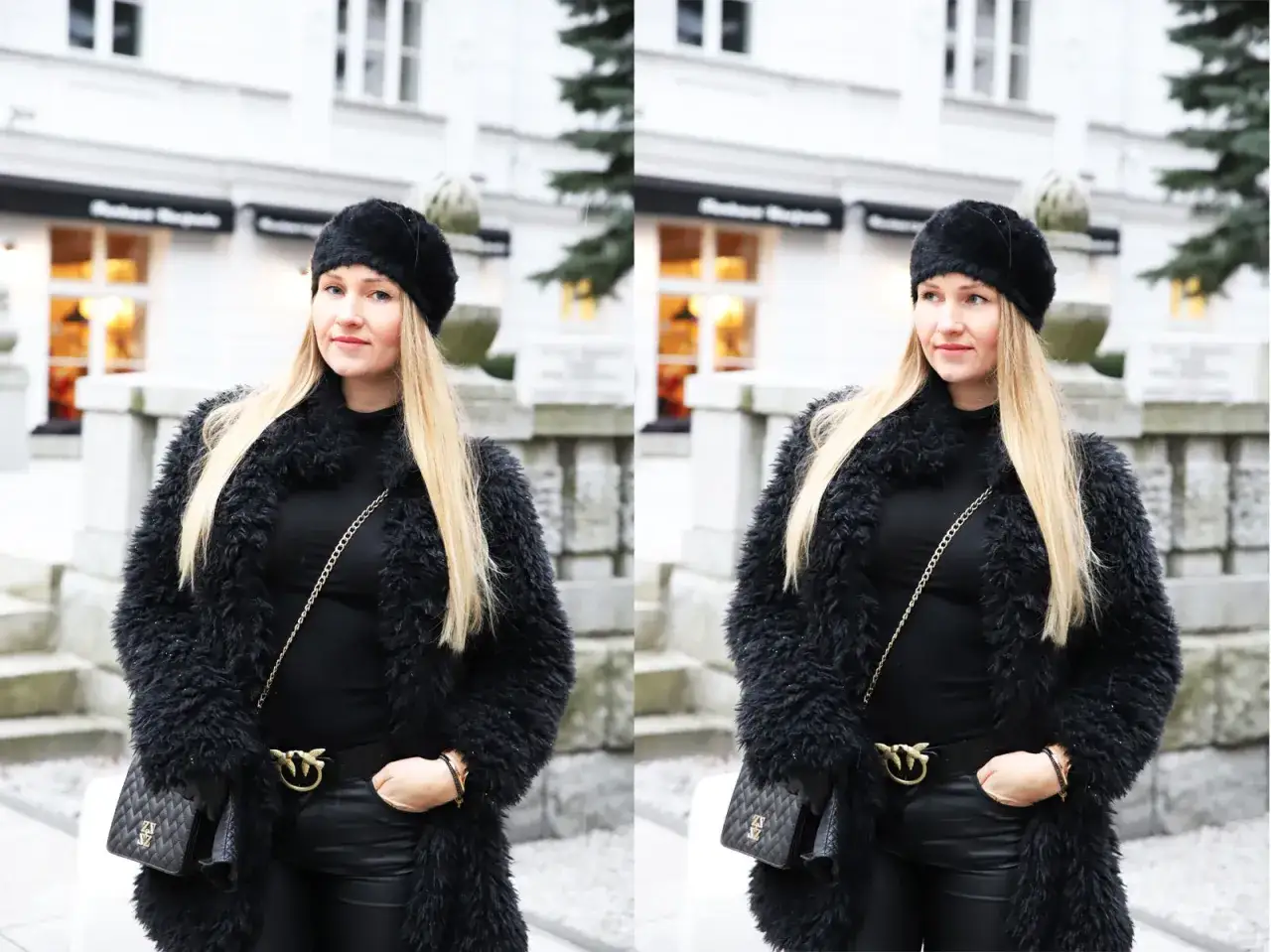 Stylizacje z czarnym futerkiem i czapką