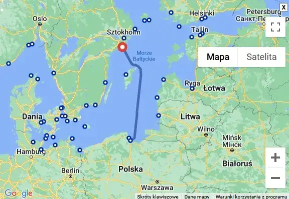 mapa trasy promowej Bałtyk Polska Szwecja