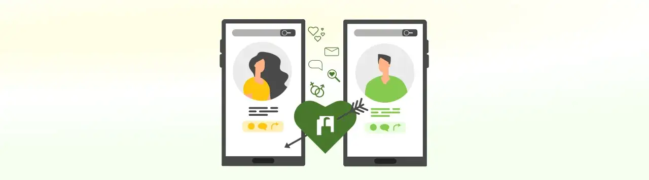 Dwie aplikacje randkowe z profilami kobiet i mężczyzn, serce przebite strzałą symbolizuje miłość.
