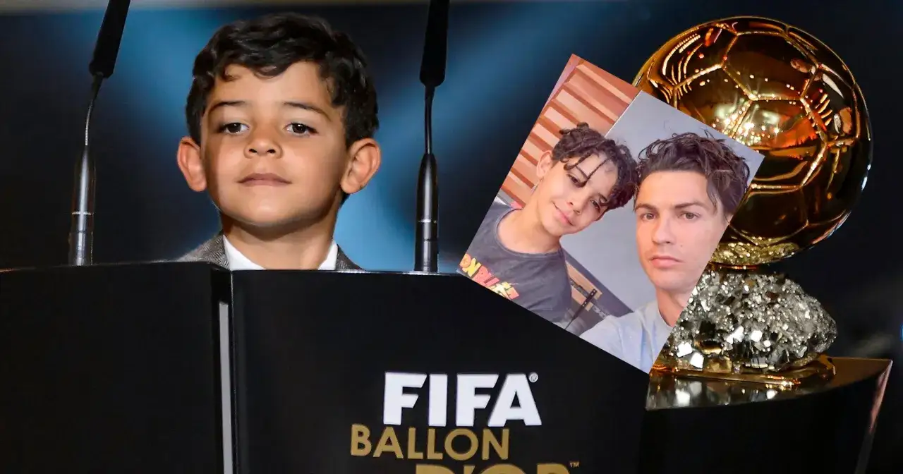 Chłopiec przy mównicy z napisem FIFA Ballon d'Or. Obok zdjęcie Cristiano Ronaldo z synem. Ile lat ma Cristiano Ronaldo Jr.?