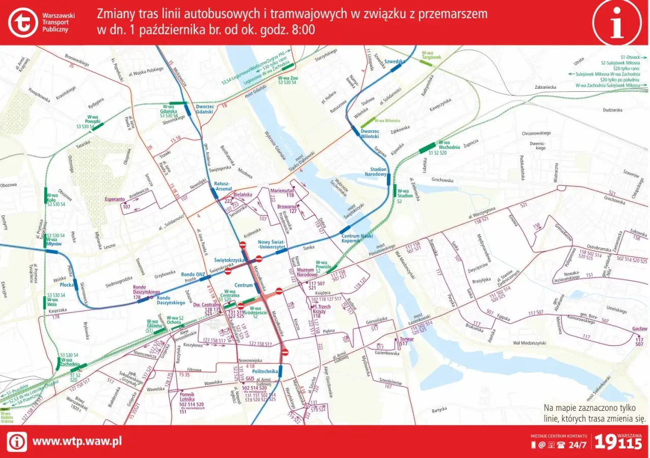 Mapa Warszawy z zaznaczoną trasą 