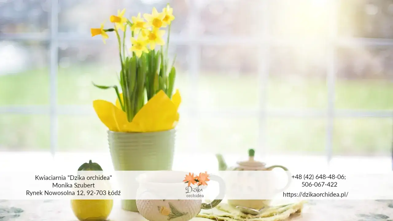 Ż&oacute;łte kwiaty zwiastujące wiosnę w wazonie, obok filiżanka i czajniczek.