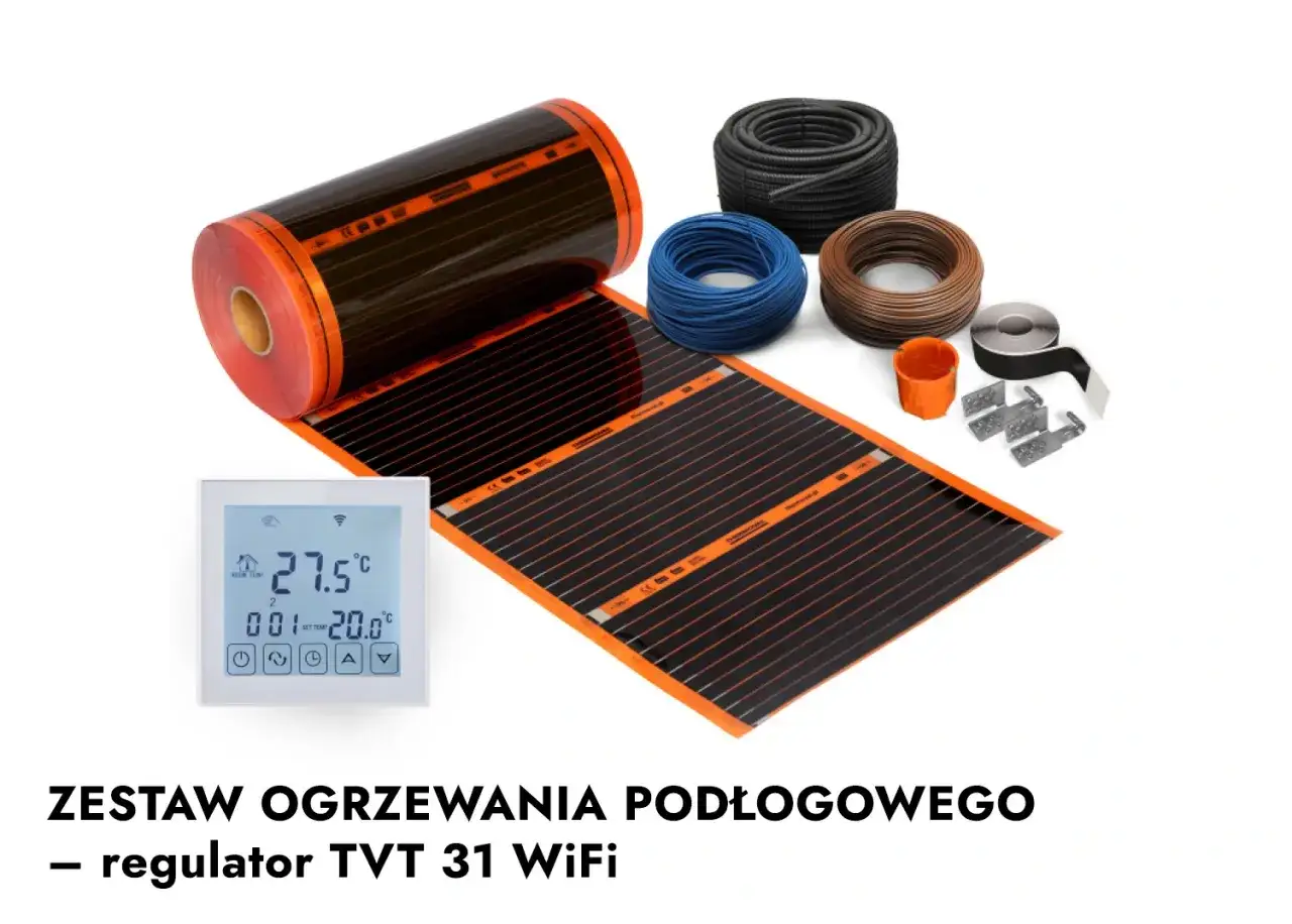 Zestaw ogrzewania podłogowego z matą grzewczą Thermoval, termostatem WiFi i akcesoriami.