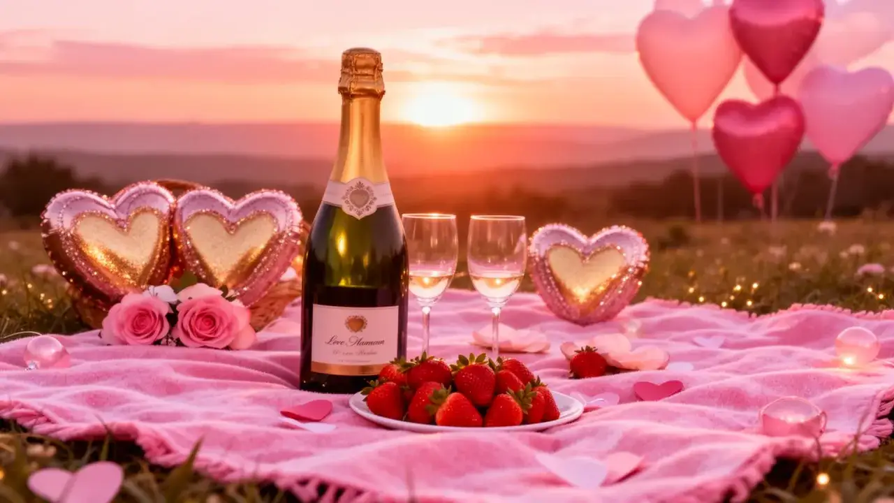 Romantyczny piknik z szampanem, truskawkami i serduszkami. Idealny pomysł, jak zaprosić dziewczynę na randkę tekst.