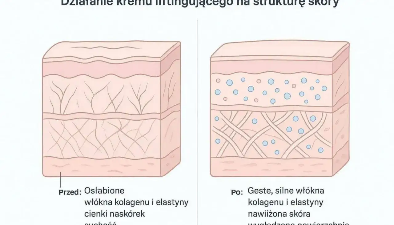 Przed i po zastosowaniu kremu: osłabione wł&oacute;kna kolagenu i elastyny, cienki nask&oacute;rek. Po: gęste, silne wł&oacute;kna kolagenu i elastyny, nawilżona sk&oacute;ra. Elastyna co to? To białko zapewniające sprężystość.