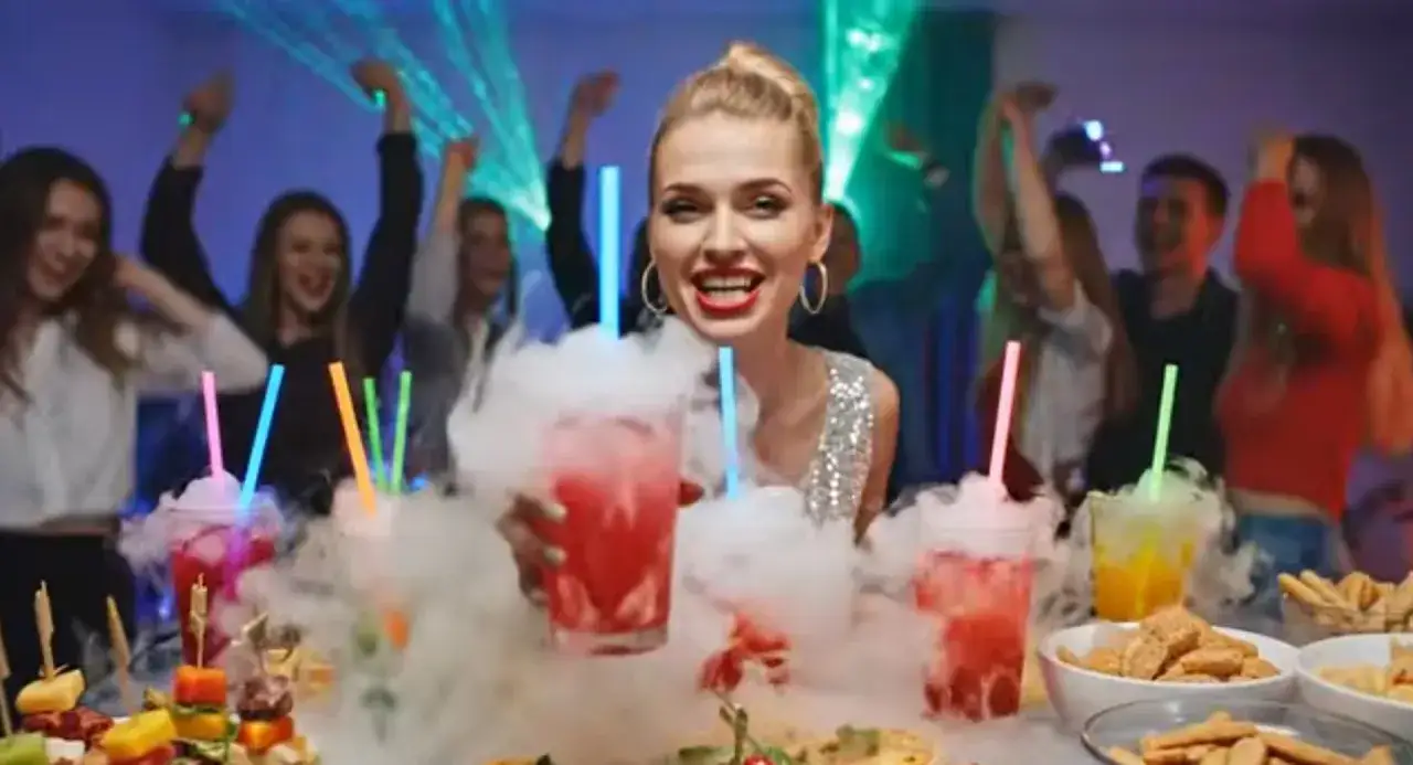 Dymiący drink przepis na imprezę! Uśmiechnięta kobieta trzyma drinka, a w tle bawią się ludzie.