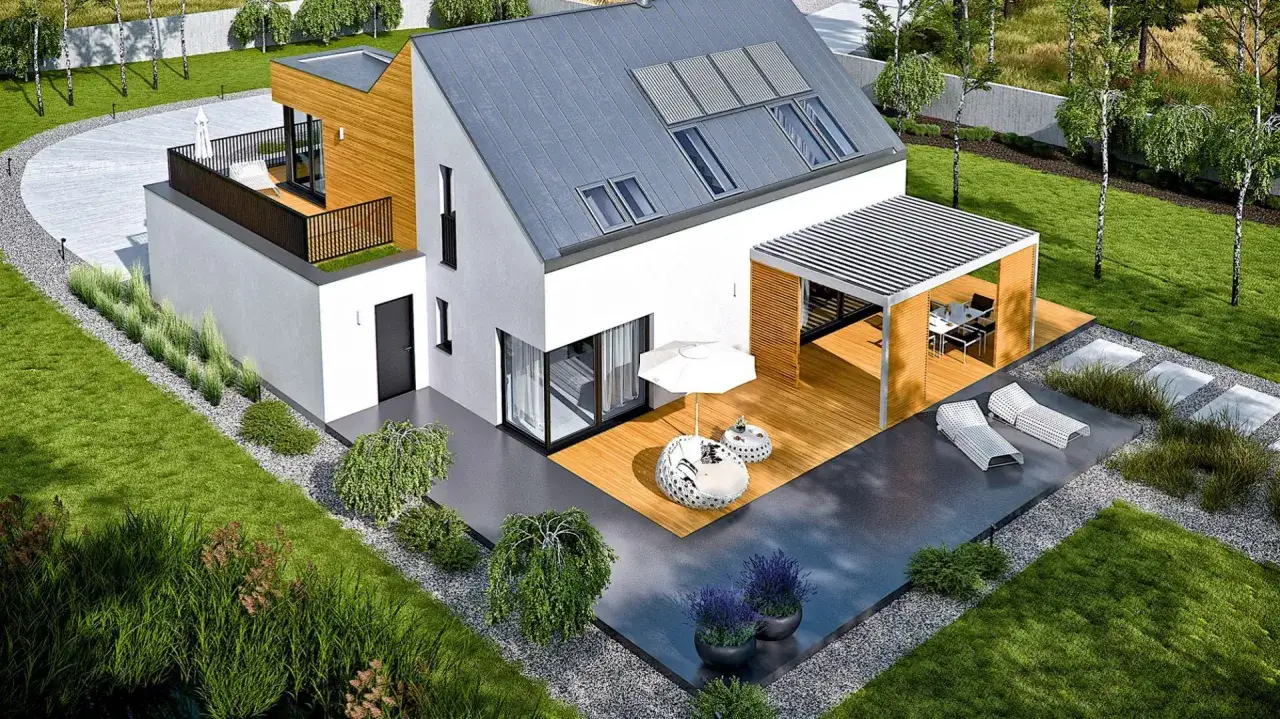 Nowoczesny dom z przestronnym tarasem przed domem, idealnym do relaksu. Drewniana pergola, leżaki i wygodne fotele zachęcają do odpoczynku.